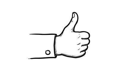 Hand-drawn thumbs up gesture with cuff in black and white sketch style. Vector retro hand drawn illustration