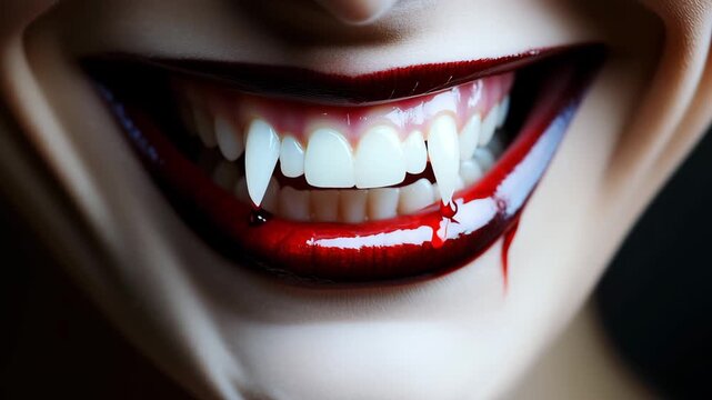 A vampire woman displays sharp fangs and blood dripping from her lips, creating an eerie atmosphere in a dark environment