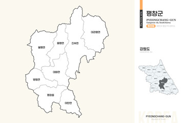 Fototapeta premium 강원도 평창군 행정동 윤곽선 지도