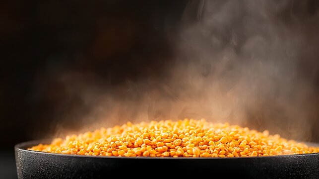 Steaming pile of yellow lentils in a dark bowl
