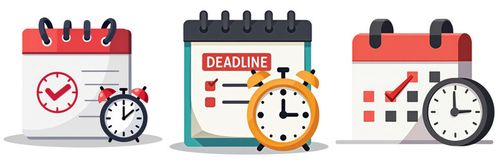 A collection of illustrated calendars and clocks, highlighting time management and deadlines.