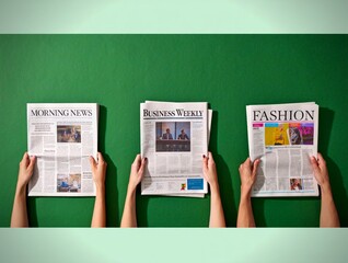 Three pairs of hands hold different newspapers (Morning News, Business Weekly, Fashion) against a...