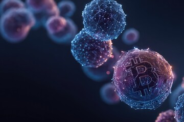 Abstract bitcoin network sphere with digital connections and blurred cells