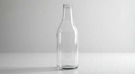 A clear, empty glass bottle stands upright against a plain, white background.
