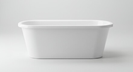 A white, rectangular, plastic container sits on a white surface, casting a subtle shadow.