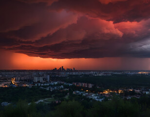 Fototapeta premium Red storm clouds far from a distance above the night city., storm clouds over city