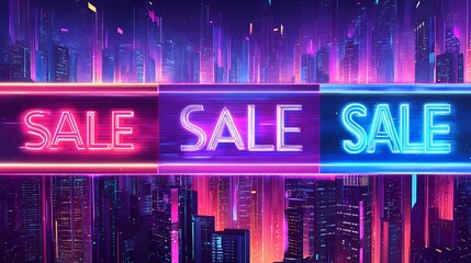 Bright neon SALE text banners in cyberpunk style with glowing futuristic city background, designed for Black Friday, Cyber Monday, online shopping, and digital marketing promotions