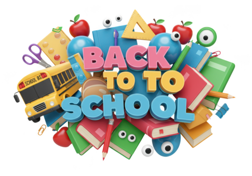 A 3d render of back to school supplies isolated on transparent background