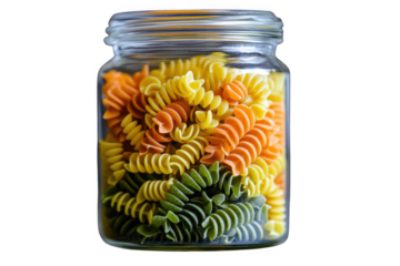 Colorful rotini pasta in glass jar - italian food ingredient - tri color fusilli pasta - food photography - isolated on transparent background