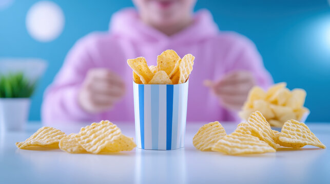 Obesity, A child in a pink hoodie eagerly reaches for crispy potato chips in a striped cup against a vibrant blue background.