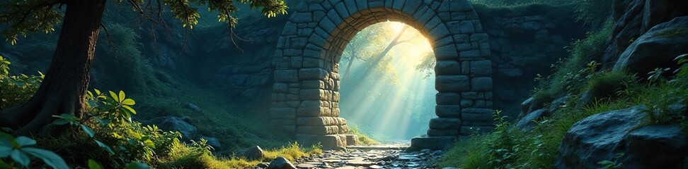 Ancient stone archway glows with ethereal light, leading to a mystical forest  A swirling vortex is visible within the arch, hinting at a hidden world beyond ,  secret,  enigmatic