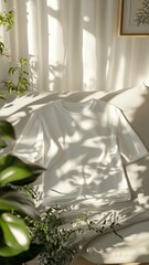 White T-Shirt Mockup: Sunlight & Plants