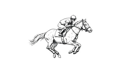 Equestrian speed: jockey riding horse in dynamic pencil sketch. Vector retro hand drawn illustration