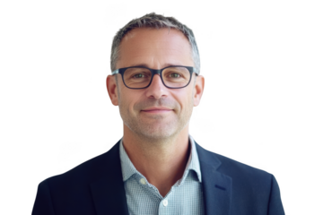 Professional businessman wearing glasses and a suit jacket portrait headshot stock photo isolated on transparent background