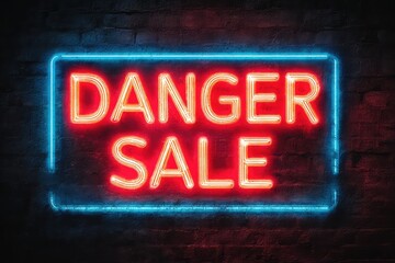 Bright red neon danger sale sign illuminated against dark brick wall