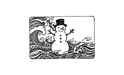 Obraz premium Snowman in abstract ocean waves with intricate patterns and black top hat. Vector retro hand drawn illustration