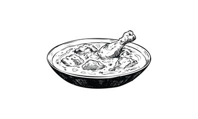 Hand-drawn bowl of curry with chicken drumstick and potatoes. Vector retro hand drawn illustration