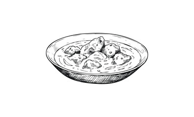 Illustration of a bowl of soup with meat chunks in black and white. Vector retro hand drawn illustration