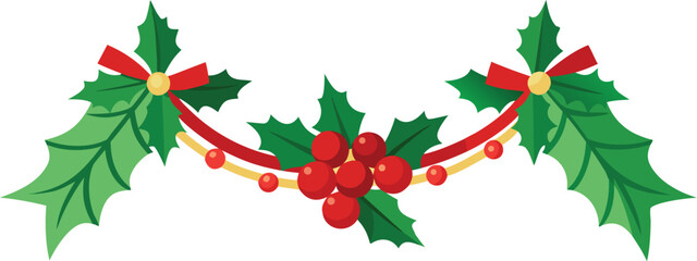Fototapeta premium Christmas fir garlands, red bow and jingle bells. Flat vector illustration on transparent background