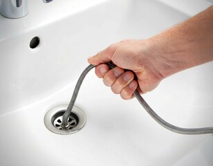 A hand uses a plumbing snake to clear a clogged drain in a white sink, illustrating home...