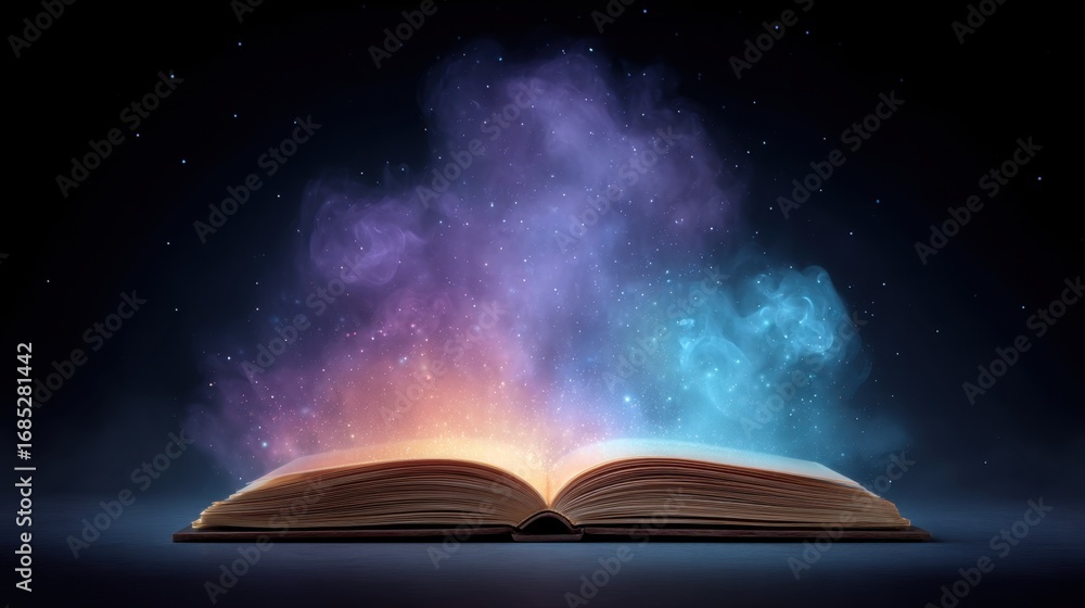 Poster magical open book with colorful cosmic clouds and stars emitting from pages in dark background, symb