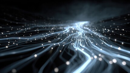 Abstract glowing digital network of light pathways with scattered luminous nodes