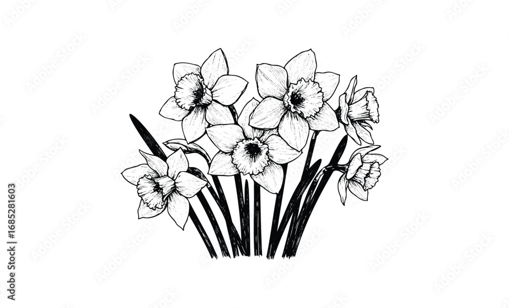 Wall mural intricate black and white daffodil sketch with detailed petals and stems. vector retro hand drawn il