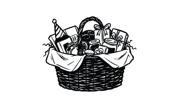 Hand-drawn gift basket with wrapped presents and party hat. Vector retro hand drawn illustration