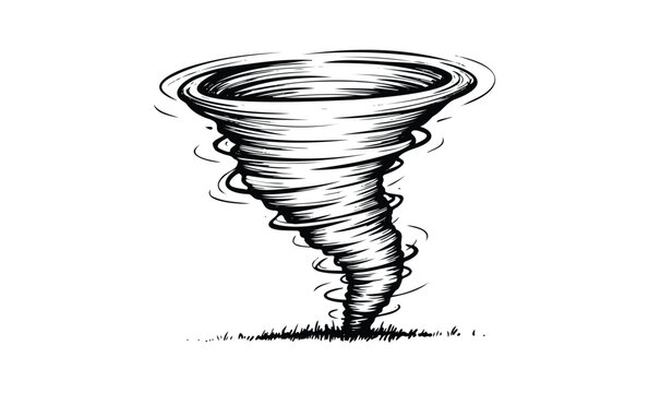 Dynamic black and white tornado drawing capturing whirling motion. Vector retro hand drawn illustration