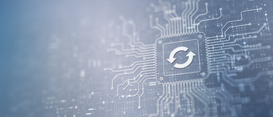 Software and Hardware Update Illustrated on a Processor, Business and Technology Concept.