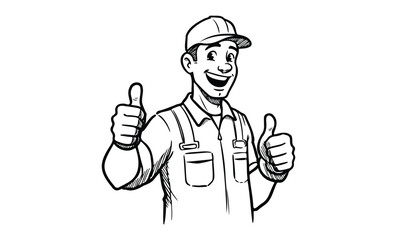 Cartoon male worker with thumbs up in overalls and cap. Vector retro hand drawn illustration