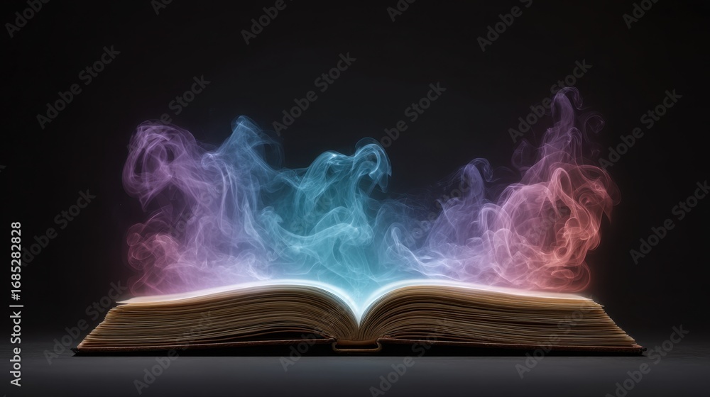 Poster mystical open book with colorful smoke swirls in dark background creating an enchanting and dreamlik
