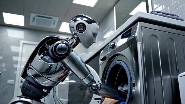 Futuristic humanoid robot doing laundry loading clothes into washing machine in modern smart home laundry room