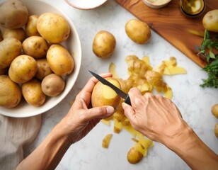 Close-up of hands expertly peeling a fresh potato with a knife on a clean kitchen countertop,...
