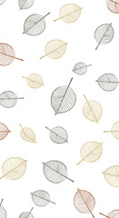 Seamless pattern featuring outline drawings of autumn leaves scattered across a white background