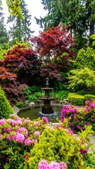 Colorful spring garden with fountain