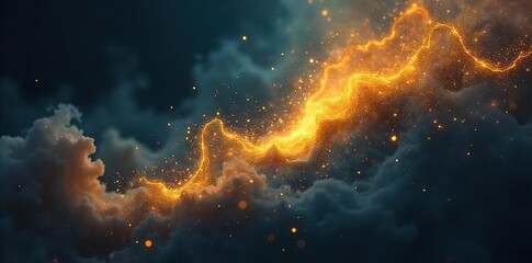 Fototapeta premium Luminous golden dust swirls in a dark, ethereal void, hinting at ancient magic and untold power Perfect for fantasy, mystical, or occult projects , particle, divine, sparkle