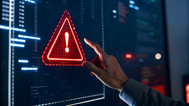 Urgent warning alert flashes on digital screen as hand points to critical cybersecurity threat impacting business operations