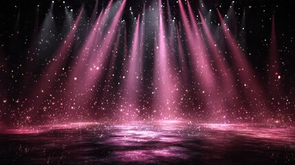 Stage lights shine through pink smoke filled with glittering particles
