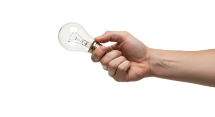 Holding Incandescent Lightbulb Against Transparent Background for Ideas and Innovation