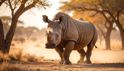 Fototapeta premium White rhino in African savanna at dawn