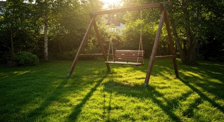 Fototapeta premium A wooden swing hangs in a lush green garden, bathed in the warm glow of sunlight filtering through the trees.