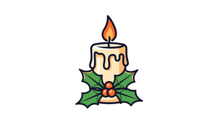 Festive Cartoon Candle with Holly and Burning Flame.