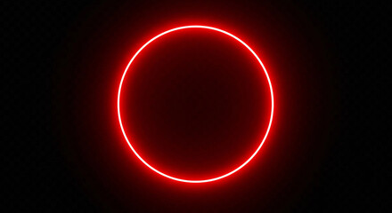 Bright red neon circle glows intensely against a dark, abstract background.