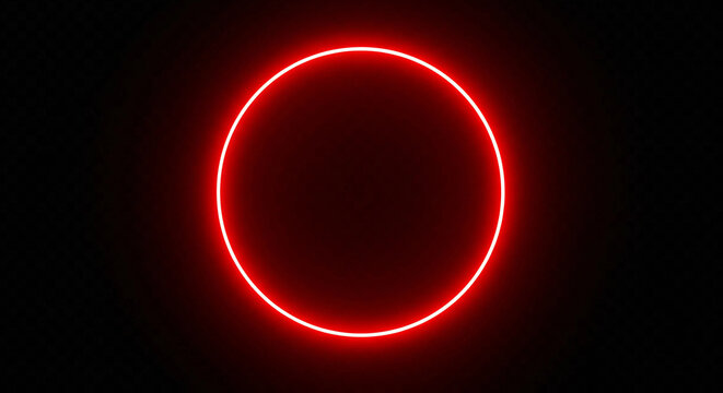 Bright red neon circle glows intensely against a dark, abstract background.