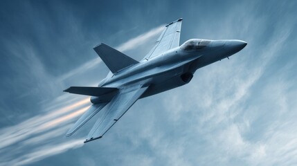 Fighter Jet in Mid-Flight with Vapor Trails Against a Dramatic Blue Sky and Wispy Clouds during a Bright Daylight Scene