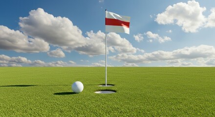Golf ball near the hole on a putting green with a flag bearing a horizontal red and white stripe.