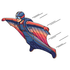 An extreme sports enthusiast is soaring through the air in a wingsuit, a thrilling wingsuit flying adventurer character © InArch Design Studio