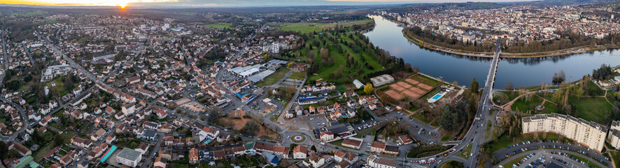 Aerial panoramic view around the old town and city Bellerive-sur-Allier in France on a sunny...