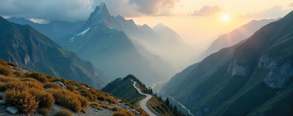 A winding road disappearing into a misty mountain range, symbolizing the journey of a career path, full of challenges and opportunities ahead , adventure, career, path